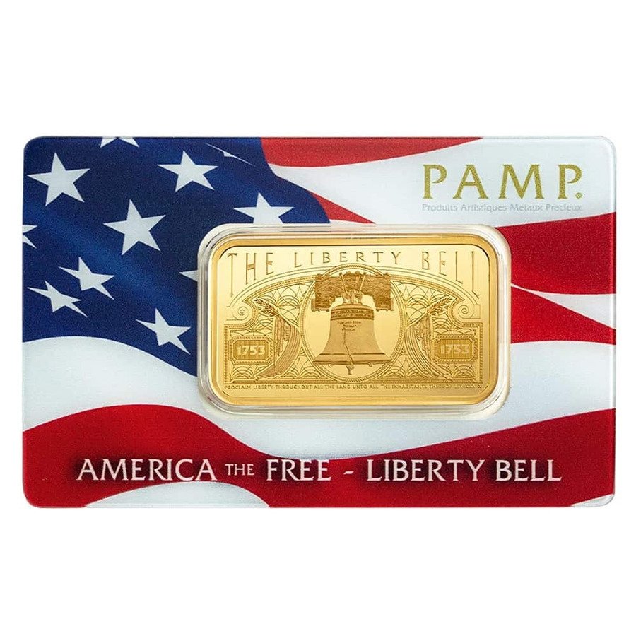 1 oz pamp suisse liberty bell pure gold bar .9999 (w/assay)